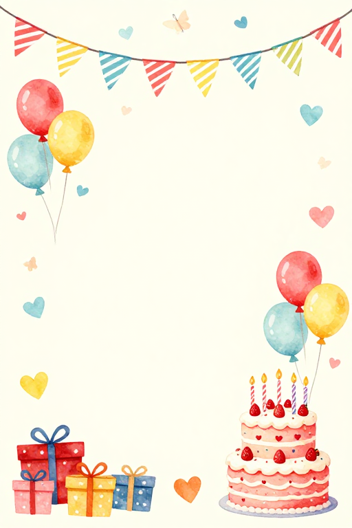童趣水彩生日庆典插图，轻盈漂浮氛围