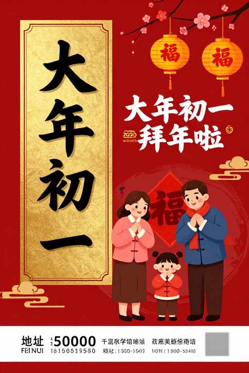 红金色调春节海报：大年初一喜庆拜年