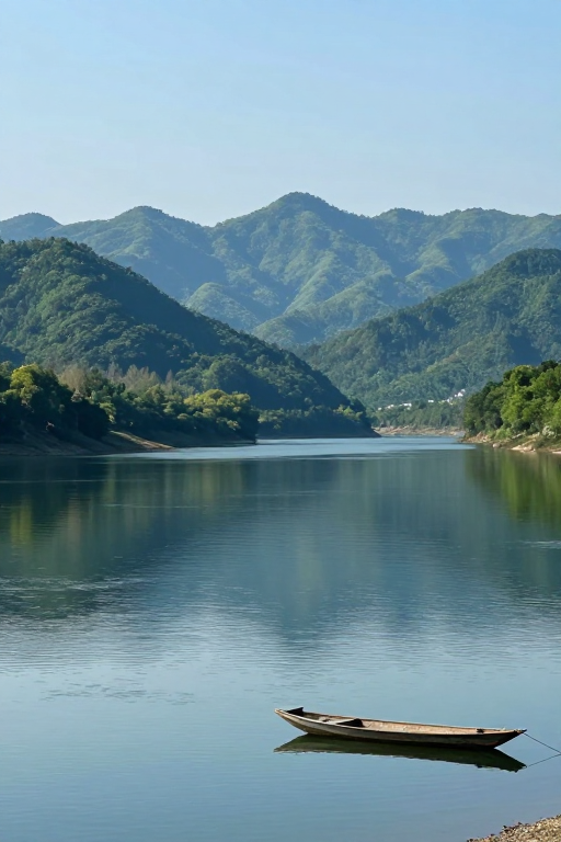 水墨山水：青山绿水间的静谧扁舟