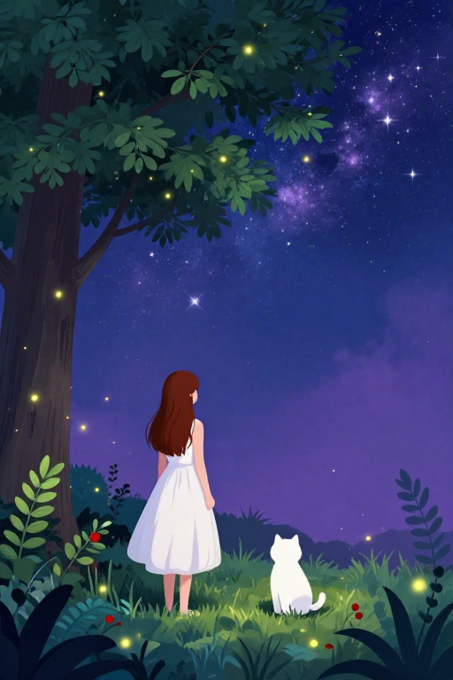 梦幻森林夜色:星空下的少女与猫咪插图