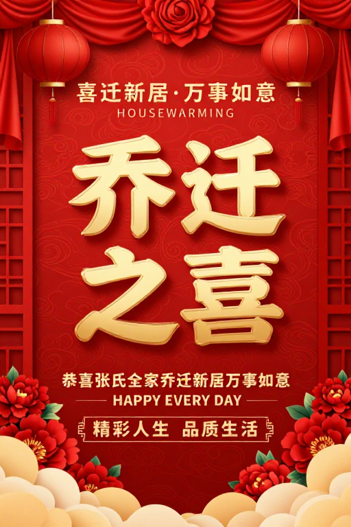喜庆中国风乔迁海报，红金配色彰显吉祥氛围