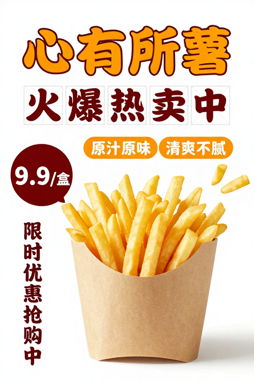 现代简约薯条促销海报,橙棕色调营造食欲感