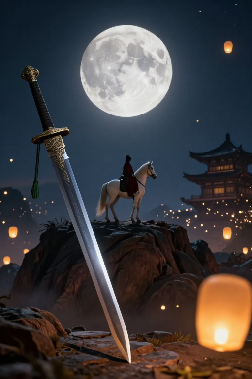 月华下古剑武士：东方奇幻史诗夜景