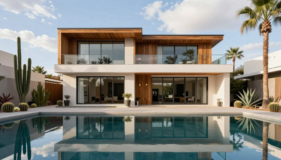 现代奢华沙漠别墅：对称光影与静谧泳池的完美融合