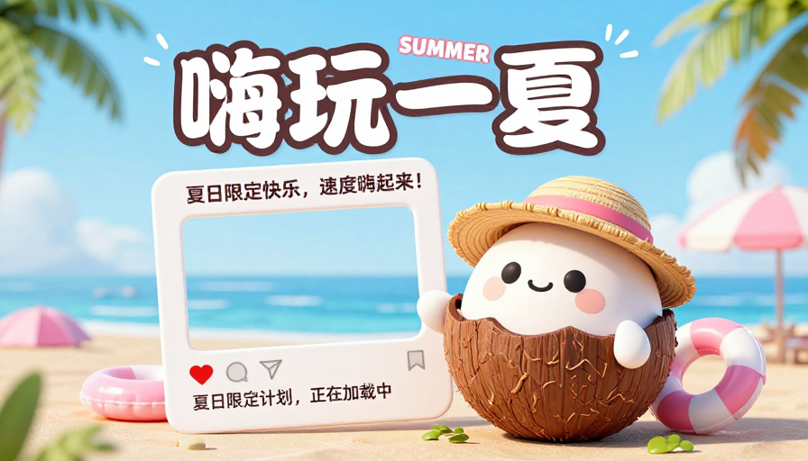 夏日嗨玩！Q版椰子3D促销海报