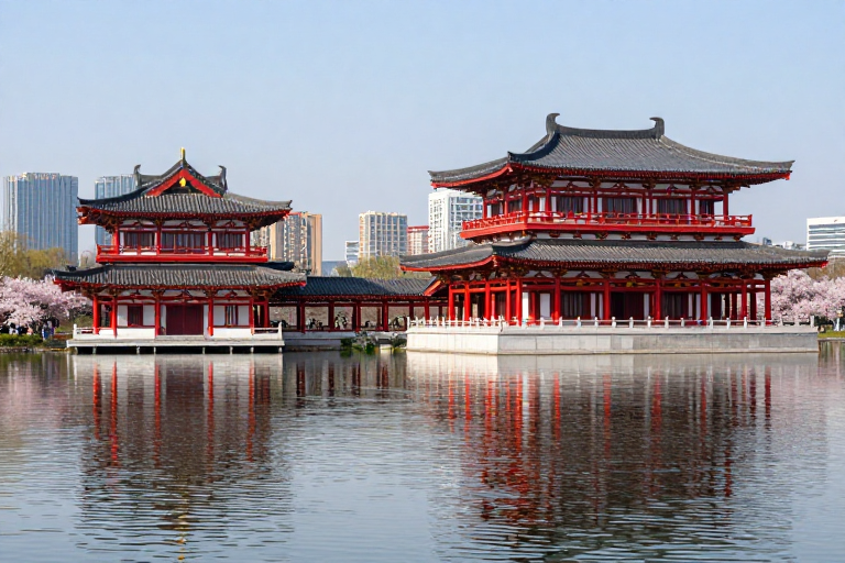唐风古韵映湖樱:现代城市中的千年建筑