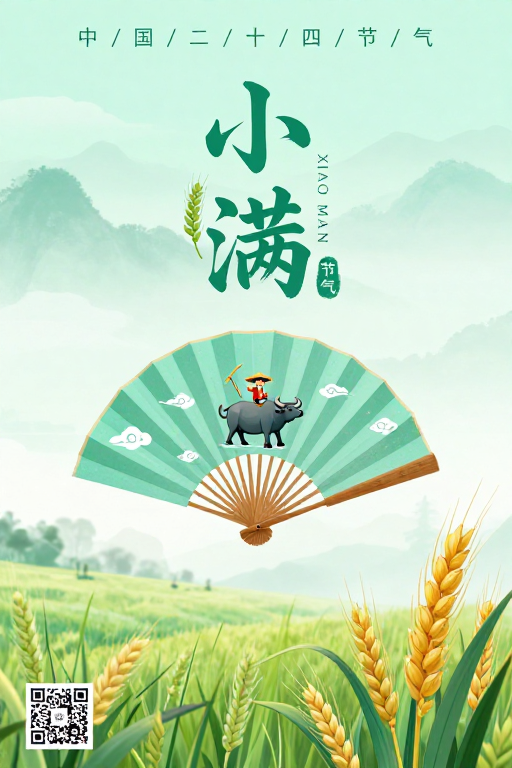 青绿水墨小满节气插画海报