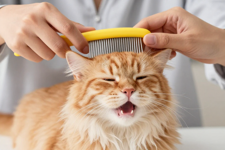 暖光下橘猫享受舒适护理