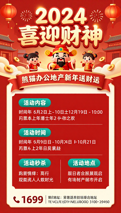 2024新春财神贺岁海报：中国风热闹团圆设计