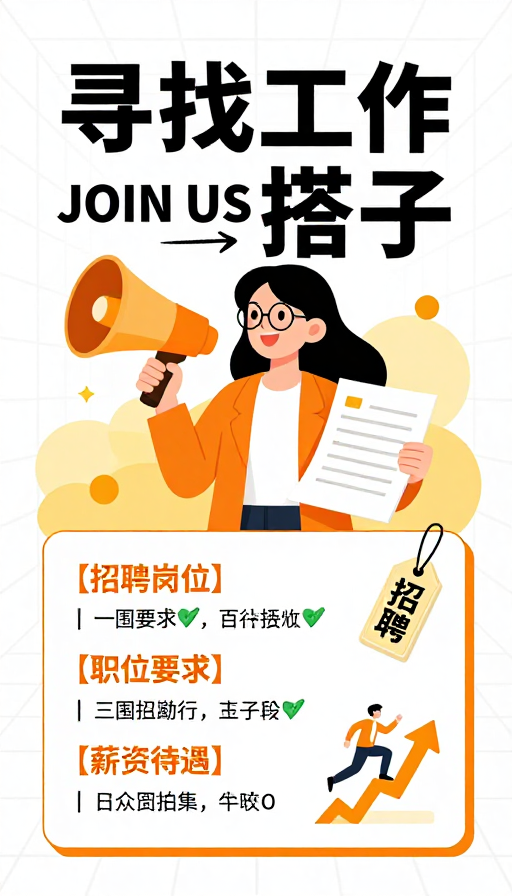 黄橙活力现代招聘海报:寻找工作搭子共创未来