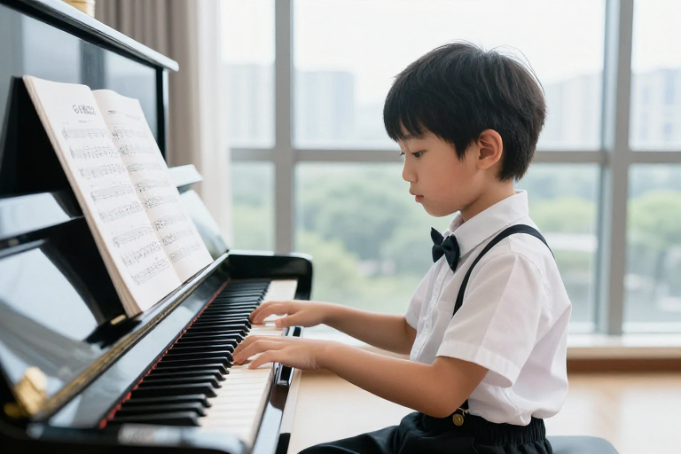 专注弹奏的小男孩：钢琴教学广告摄影