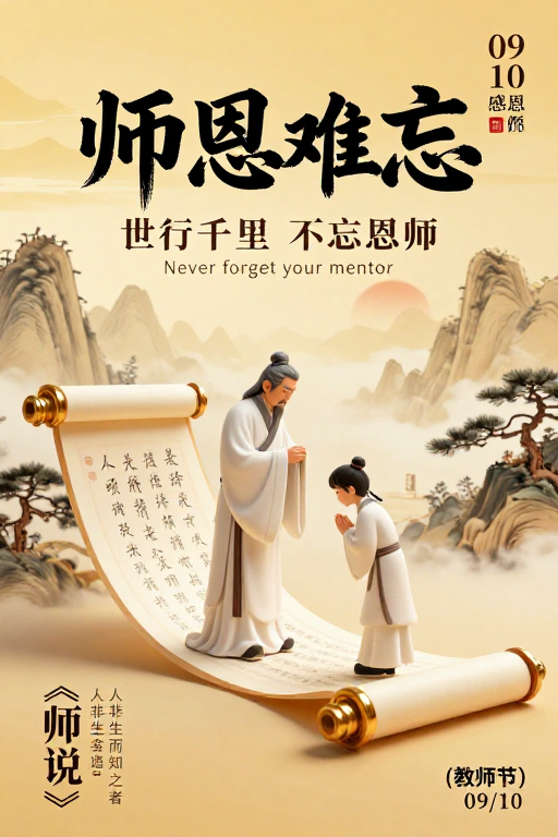 中国风暖金调教师节海报，水墨画卷致敬师恩