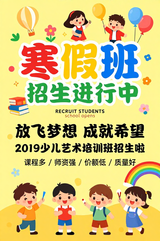 童趣寒假班招生卡通海报，色彩鲜艳充满活力