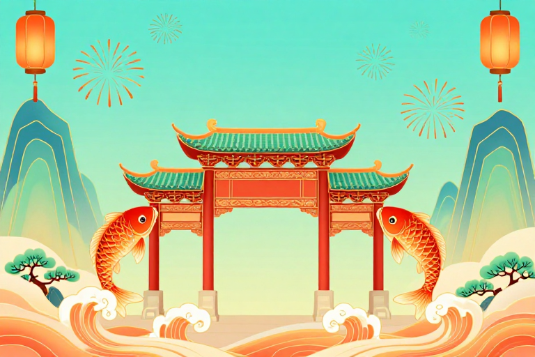 中国节庆红柱牌楼锦鲤腾跃艺术插画