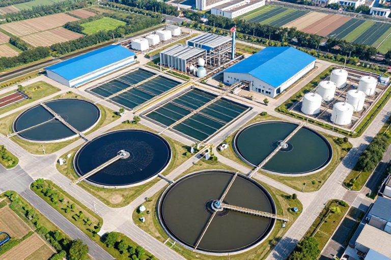 现代都市污水处理全景：青绿与工业蓝的和谐之美