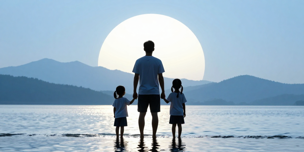 剪影亲情:父子三人牵手浅滩逆光剪影画面