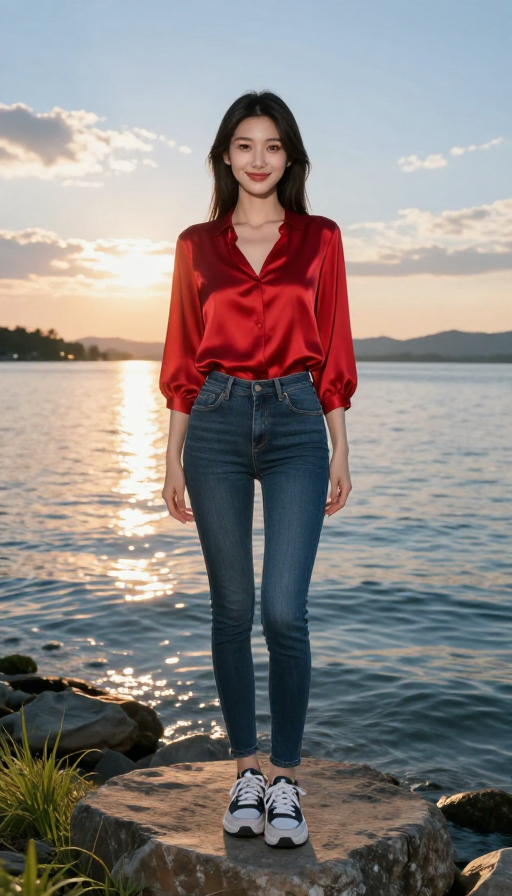 夕阳湖畔：红裙少女与波光湖景的唯美瞬间
