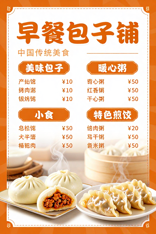暖橙色调中式早餐海报,包子煎饺美食宣传图