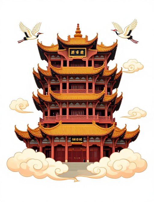 黄鹤楼漫画风贴纸:祥云仙鹤环绕,高级感设计