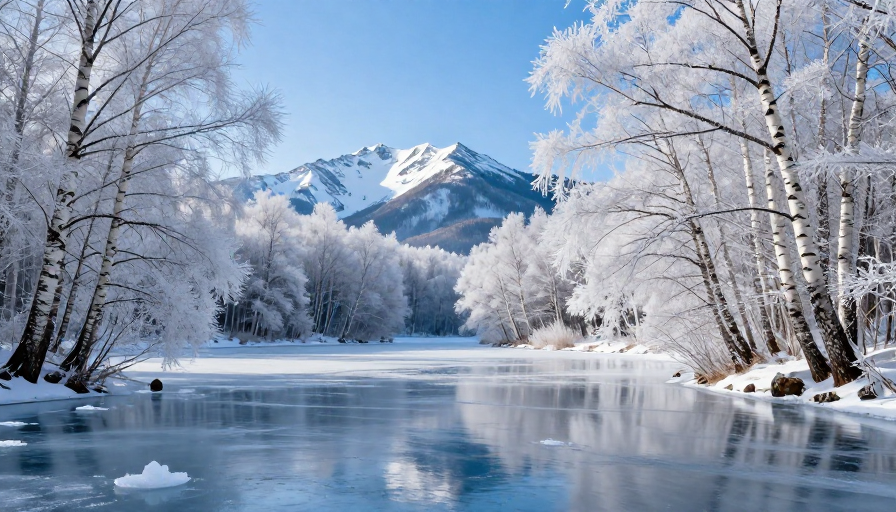 冰封湖面映霜桦远山，冬日清幽自然之美