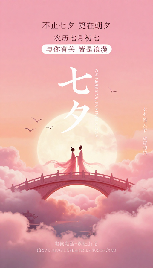 梦幻中国风七夕海报：云霞托桥，浪漫神话意境