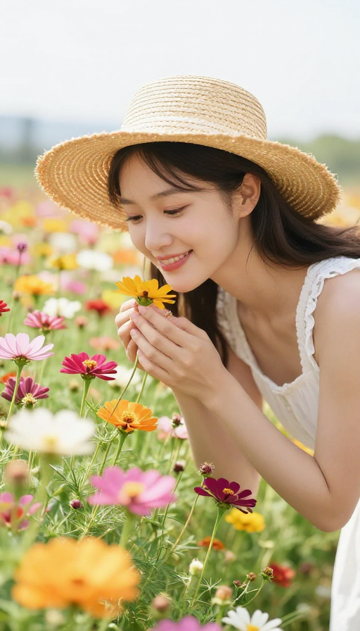 阳光下的田园少女：彩花丛中俯身闻香的甜美瞬间