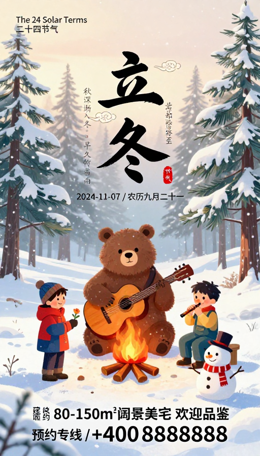 立冬温情插画：暖色调治愈冬日森林海报