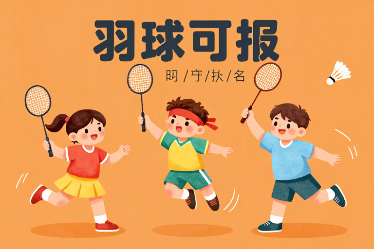 活力童趣：橙彩手绘儿童羽毛球动态海报