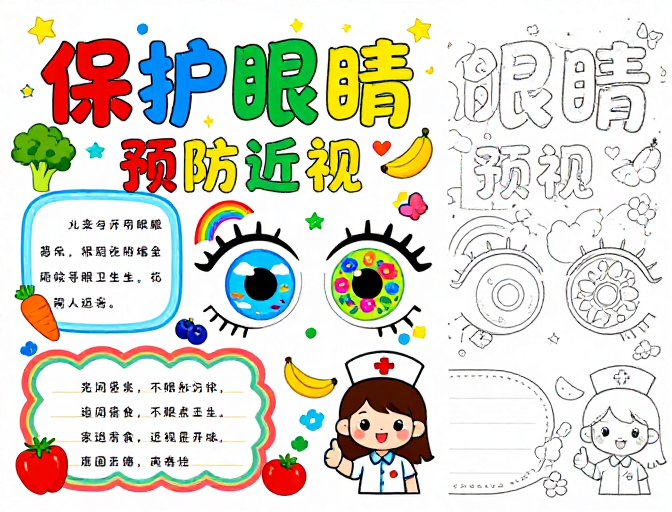 童趣手绘护眼海报：预防近视教育宣传插画