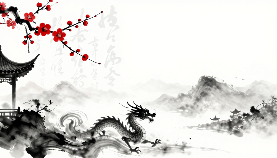 水墨红梅与腾跃墨龙的中国风留白意境图