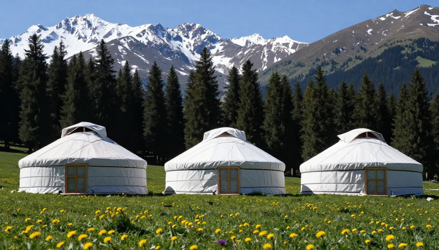 草原三座蒙古包与雪山风光高清摄影图
