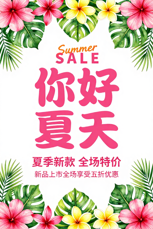 高饱和粉色夏日热带风情促销海报
