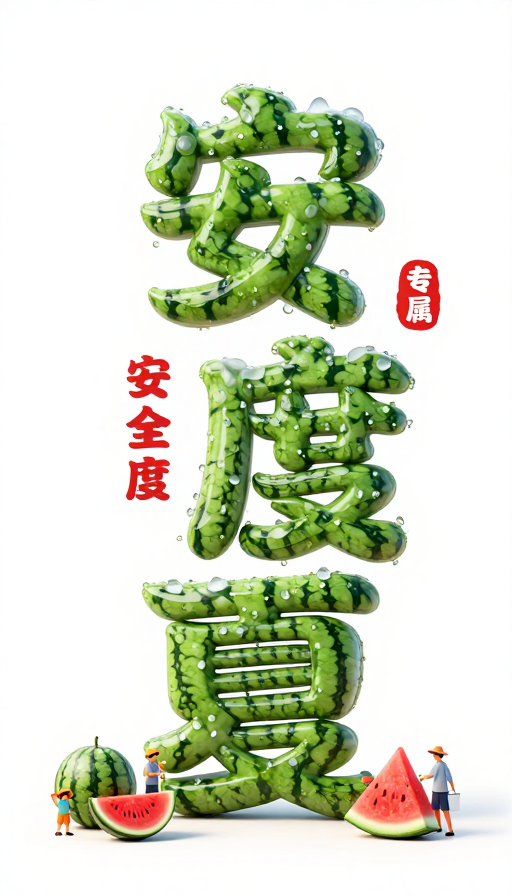 西瓜造型‘安全度夏’字设计，冰透质感彰显夏日清凉