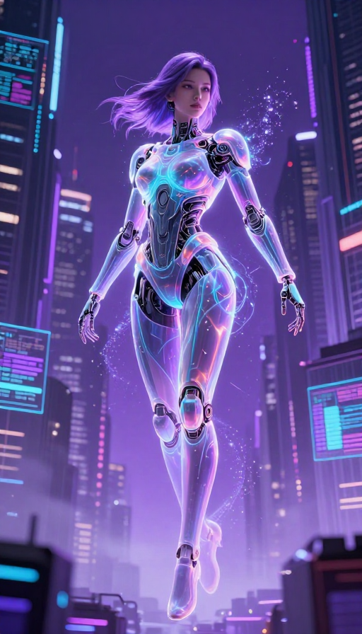 赛博都市空灵女性：霓虹战甲与量子光影