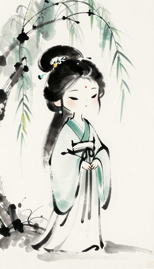 墨韵柳风：Q版古典美人月夜图