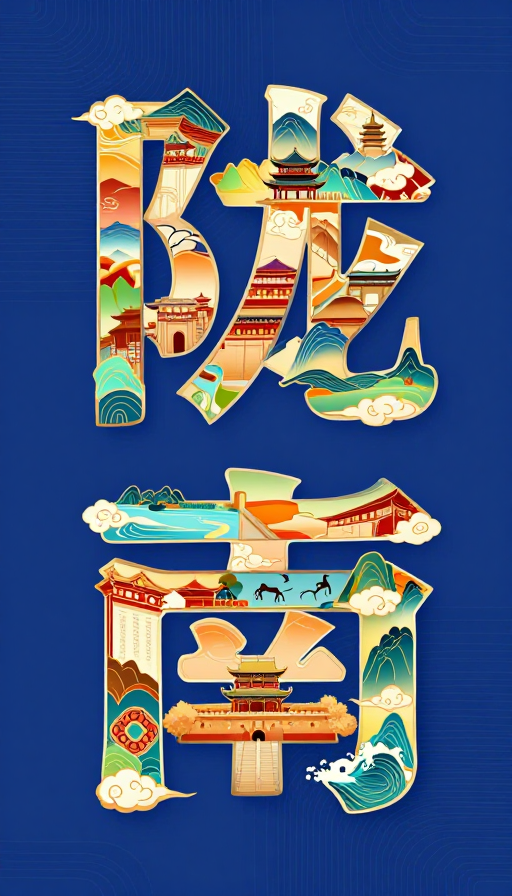 陇南中国风艺术字体拼贴插画设计
