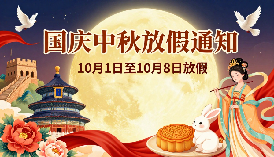 色彩斑斓的国庆中秋放假通知艺术插画