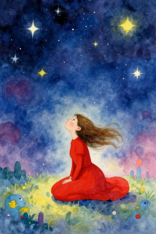 星幕下红衣少女：治愈系水彩奇幻插画壁纸