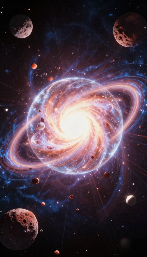 3D宇宙大爆炸:透明星球与开花的陨石飞射光影