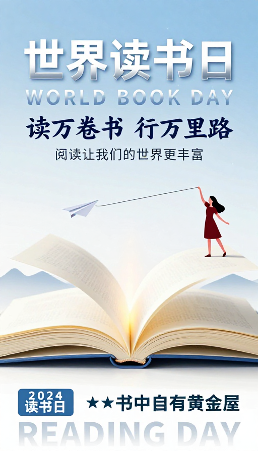 世界读书日诗意海报：蓝白渐变梦幻阅读