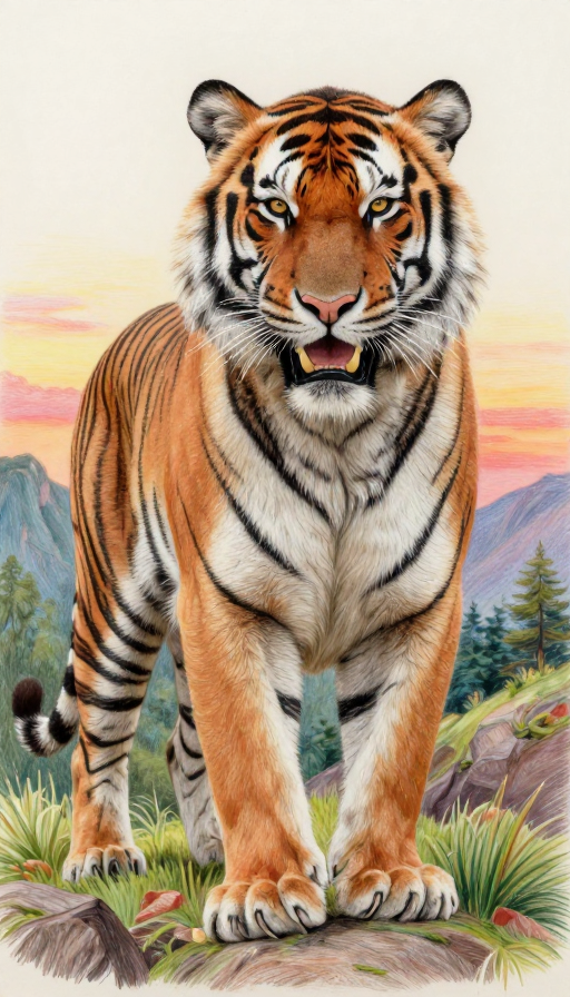 彩铅3D威猛老虎插画：山野晚霞下的震撼艺术呈现