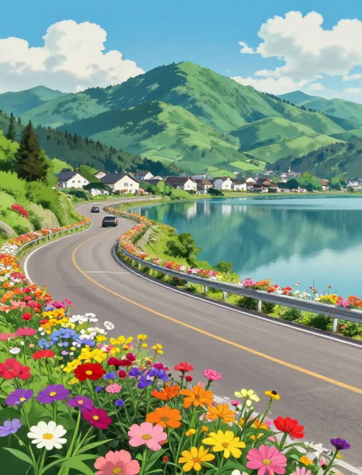 宫崎骏风自然公路：花带与湖山倒影的梦幻色彩