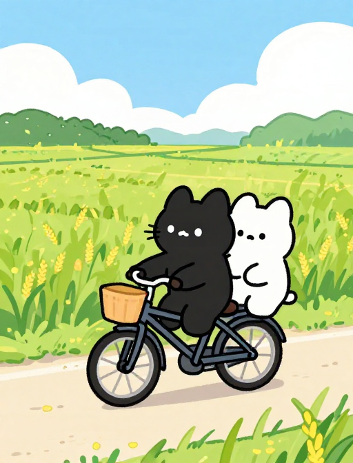 简约二次元插画：黑猫白熊童趣骑行