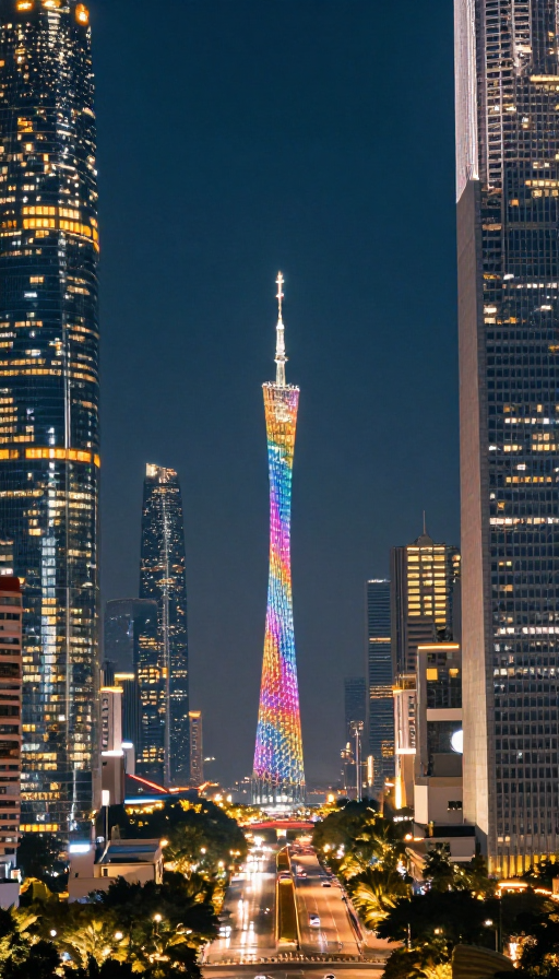 珠江新城夜景：广州塔璀璨与未来都市的交融