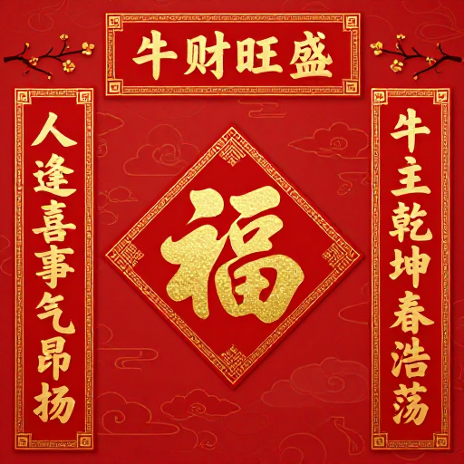 新春大吉：牛财旺盛烫金书法春联设计