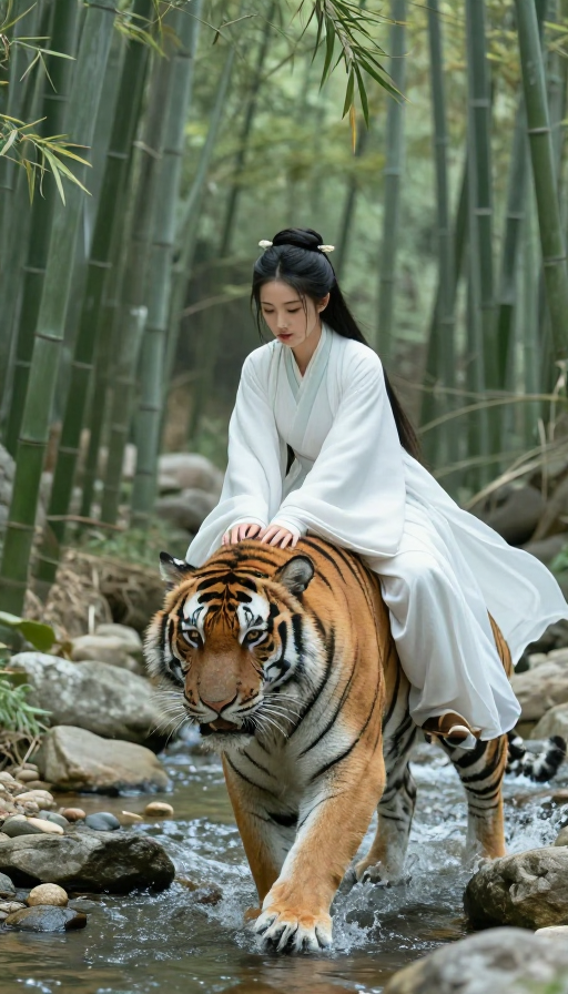白衣女侠竹林制虎，古风武侠意境