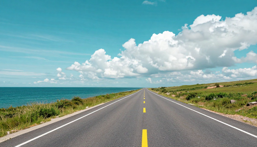 海天交界处的笔直公路,青蓝主色调的宁静旅途