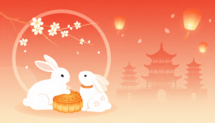新中式中秋插画:玉兔与月饼的温馨节日