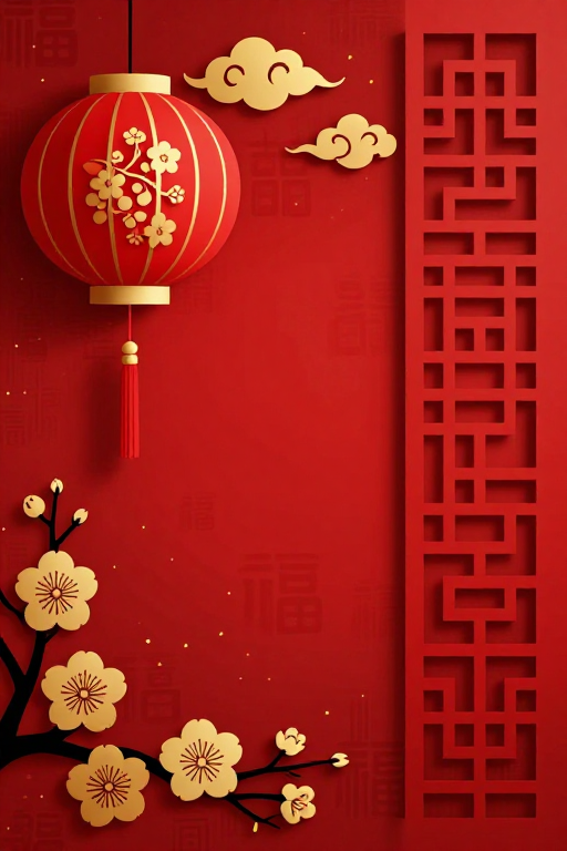 红色剪纸宫灯祥云梅花福字背景