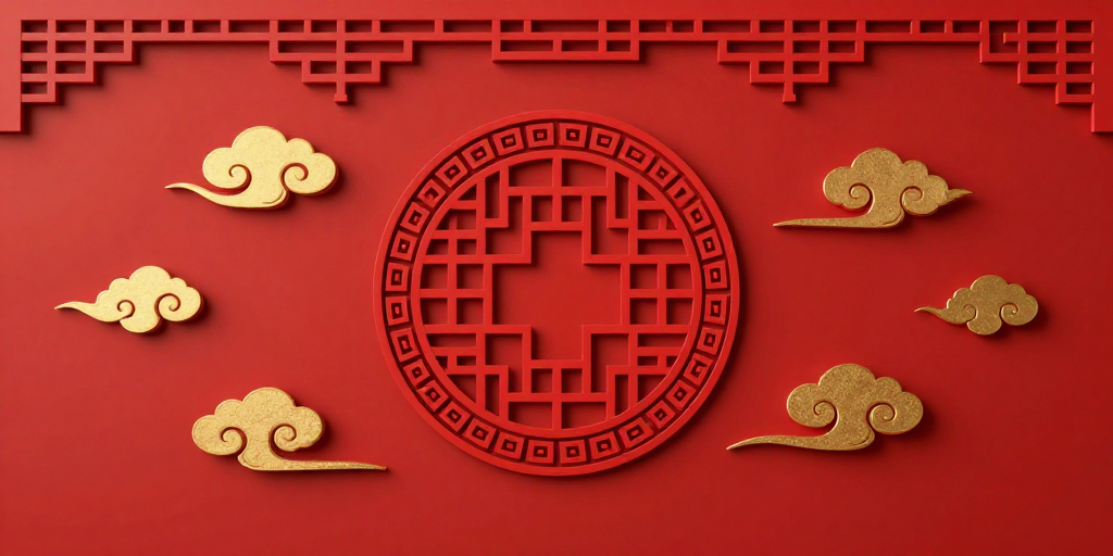 红韵古典:立体窗格与中国风祥纹背景